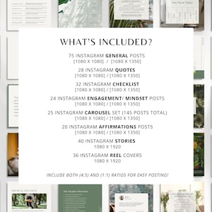 May include: A collection of Instagram templates in shades of green and white, featuring text such as "What's Included?" and details about posts, quotes, checklists, and stories. The templates are designed for easy posting.