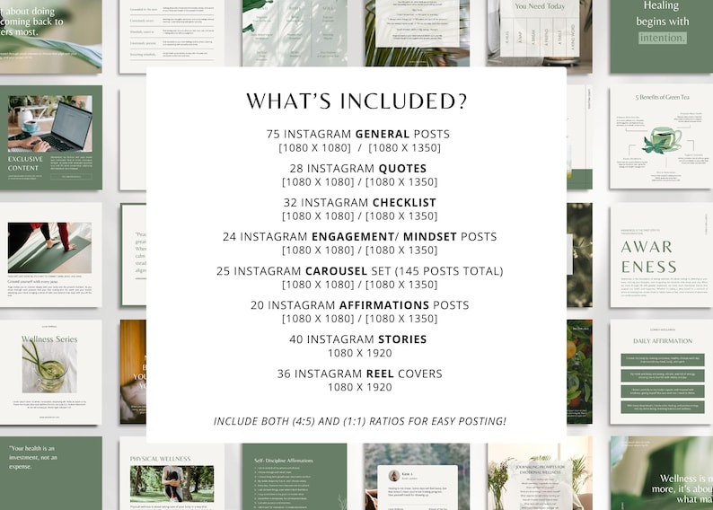 May include: A collection of Instagram templates in shades of green and white, featuring text such as "What's Included?" and details about posts, quotes, checklists, and stories. The templates are designed for easy posting.