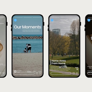May include: Four smartphone screens displaying social media posts. The first shows a coffee cup with the text "Morning upgrade." The second shows a beach scene with the text "Our Moments." The third shows a park scene with the text "Home Away From Home." The fourth shows a window with the text "good morning."