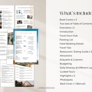 May include: A printable travel planner with a list of what's included, such as book covers, table of contents, overviews, introduction, travel docs hub, packing list, hotel booking details, travel tips, restaurant and eating guide, attractions, etiquette and customs, budgeting, daily itinerary, guided tours, highlights, photo spots, and a back cover.