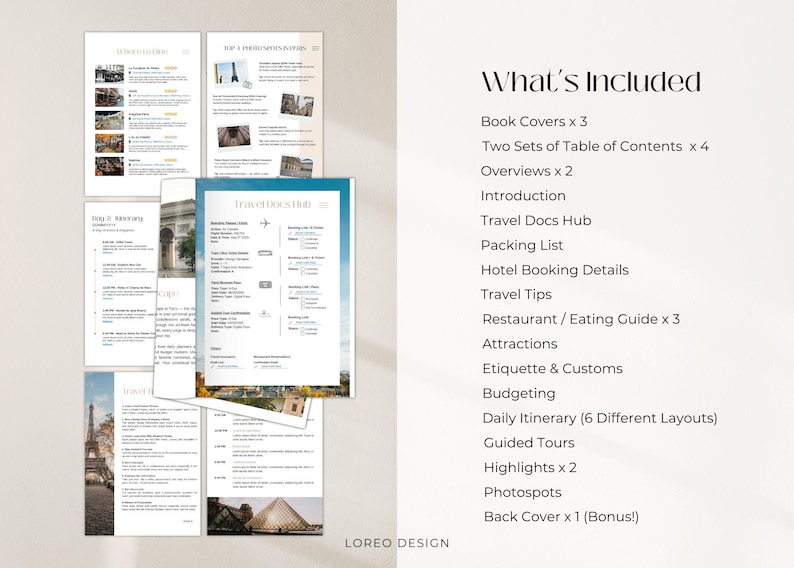 May include: A printable travel planner with a list of what's included, such as book covers, table of contents, overviews, introduction, travel docs hub, packing list, hotel booking details, travel tips, restaurant and eating guide, attractions, etiquette and customs, budgeting, daily itinerary, guided tours, highlights, photo spots, and a back cover.
