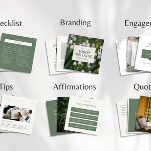 May include: An assortment of white square cards with text and images, including "Checklist," "Branding," "Engagement," "Tips," "Affirmations," and "Quotes." The cards feature green and white designs, with the "LOREO WELLNESS" logo on one.