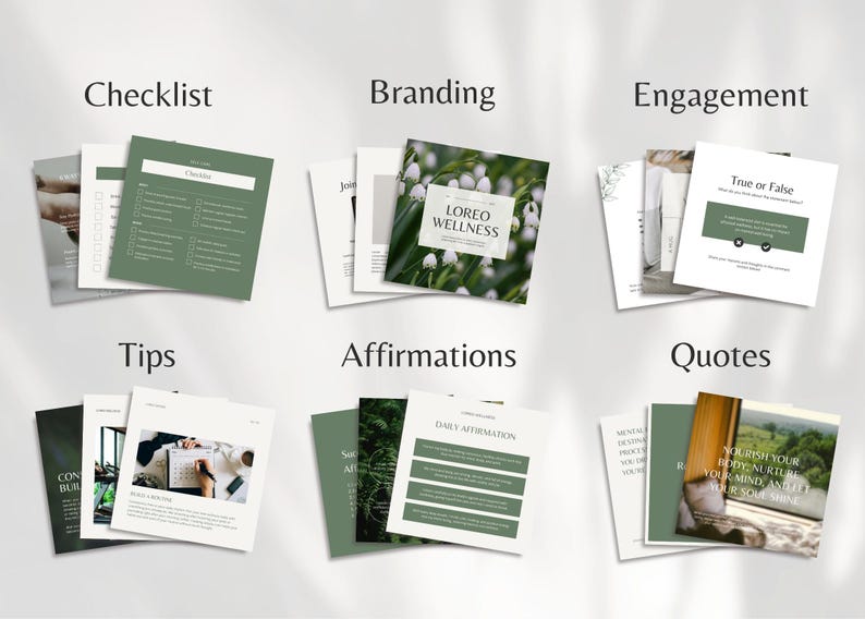 May include: An assortment of white square cards with text and images, including "Checklist," "Branding," "Engagement," "Tips," "Affirmations," and "Quotes." The cards feature green and white designs, with the "LOREO WELLNESS" logo on one.