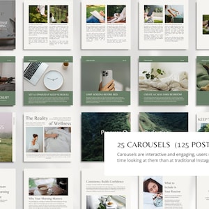 May include: A collection of 25 Instagram carousel posts with a green and white color scheme. The posts cover topics like self-care, sleep hygiene, and wellness. Text includes "Self Love", "Sleep Hygiene Checklist", and "Wellness Isn't Always Pretty".