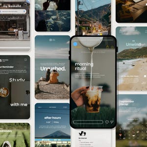 May include: A smartphone displays a "morning ritual" scene with text and a hand pouring liquid into a coffee drink. Other app screens show "my weekend", "Our Reminder", "Unrushed", "Unwind", and a calendar. The overall theme is lifestyle and productivity.
