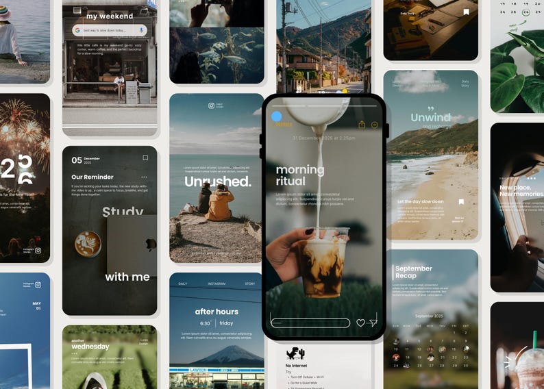 May include: A smartphone displays a "morning ritual" scene with text and a hand pouring liquid into a coffee drink. Other app screens show "my weekend", "Our Reminder", "Unrushed", "Unwind", and a calendar. The overall theme is lifestyle and productivity.