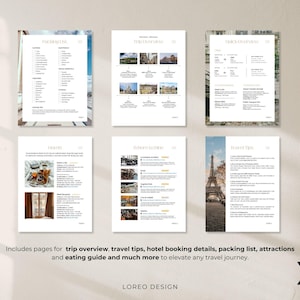 May include: A printable travel planner with pages for trip overview, travel tips, hotel booking details, packing list, attractions, and eating guide. The planner features a minimalist design with gold accents.