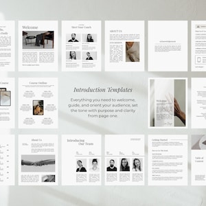 May include: A collection of white and gray templates for an introduction guide. The templates include text and images, with the words "Welcome", "Course Outline", and "About Us" visible. The phrase "Introduction Templates" is also displayed.