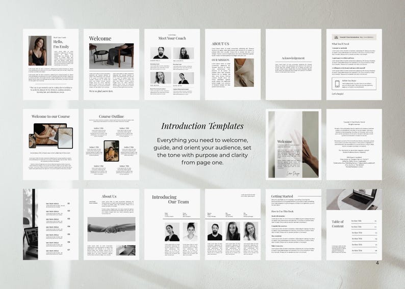May include: A collection of white and gray templates for an introduction guide. The templates include text and images, with the words "Welcome", "Course Outline", and "About Us" visible. The phrase "Introduction Templates" is also displayed.