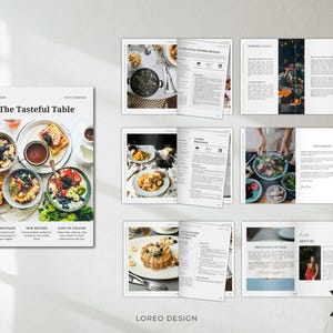 K&ouml;nnte beinhalten: Ein Kochbuch mit dem Titel "The Tasteful Table" mit einem Cover, das verschiedene bunte Sch&uuml;sseln mit Essen zeigt, darunter Obst, M&uuml;sli und Joghurt. Das Buch enth&auml;lt Abschnitte mit den Titeln "The Essentials", "New Recipes" und "Easy to Follow".