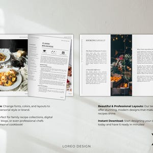 K&ouml;nnte beinhalten: Offenes Kochbuch-Mockup mit einem Rezept f&uuml;r klassische Bolognese und einem Abschnitt &uuml;ber die lokale Beschaffung von Zutaten. Das Kochbuch hat ein modernes Design mit schwarzem und wei&szlig;em Text und Bildern. Der Text auf der Seite lautet "Klassische Bolognese" und "Lokale Beschaffung".