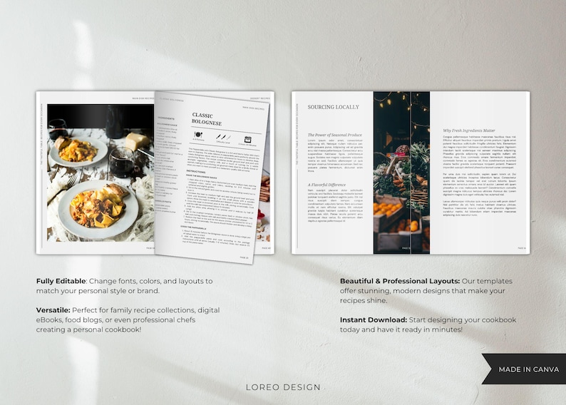 K&ouml;nnte beinhalten: Offenes Kochbuch-Mockup mit einem Rezept f&uuml;r klassische Bolognese und einem Abschnitt &uuml;ber die lokale Beschaffung von Zutaten. Das Kochbuch hat ein modernes Design mit schwarzem und wei&szlig;em Text und Bildern. Der Text auf der Seite lautet "Klassische Bolognese" und "Lokale Beschaffung".
