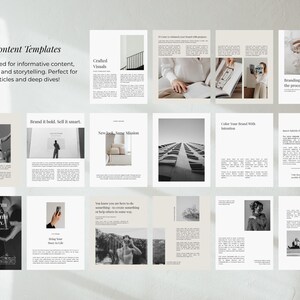 May include: A collection of content template designs in a minimalist style. Each template features a combination of text and images, with a neutral color palette. The text includes phrases like "Content Templates" and "Design with Purpose."