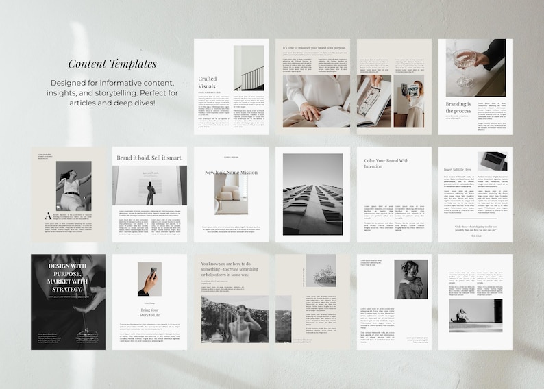 May include: A collection of content template designs in a minimalist style. Each template features a combination of text and images, with a neutral color palette. The text includes phrases like "Content Templates" and "Design with Purpose."