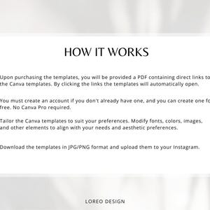 May include: White graphic with the text "HOW IT WORKS" and numbered steps. The steps explain how to use Canva templates after purchase, including creating an account, customizing the templates, and downloading them in JPG/PNG format for Instagram.
