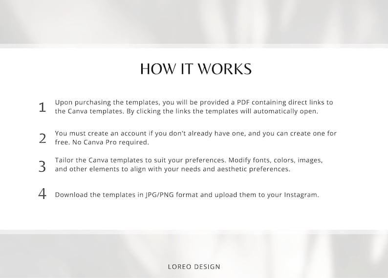 May include: White graphic with the text "HOW IT WORKS" and numbered steps. The steps explain how to use Canva templates after purchase, including creating an account, customizing the templates, and downloading them in JPG/PNG format for Instagram.
