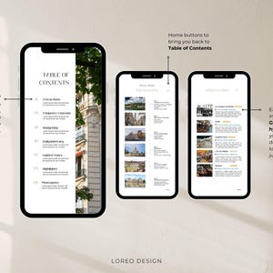May include: A digital travel guide with a table of contents, images of destinations, and clickable Google Maps hyperlinks. The guide features a black and white design with a modern aesthetic.
