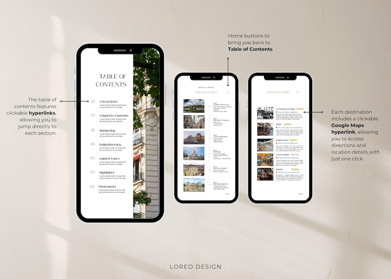 May include: A digital travel guide with a table of contents, images of destinations, and clickable Google Maps hyperlinks. The guide features a black and white design with a modern aesthetic.