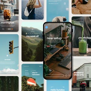 Op de afbeelding: Een verzameling Instagram story-sjablonen met verschillende thema's. De sjablonen bevatten afbeeldingen van eten, natuur en een werkplek. Tekstoverlays zijn onder meer "morning fuel", "new setup" en "weekend vibes only".