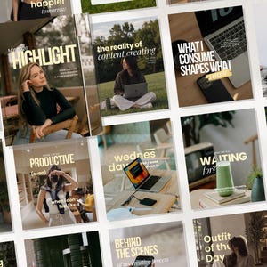 Pode incluir: Uma coleção de modelos de posts para redes sociais com diversas cenas de fotografia lifestyle, em ambientes internos e externos, com títulos em texto branco e amarelo como MY 2026 HIGHLIGHT, WHAT I CONSUME e PRODUCTIVE.