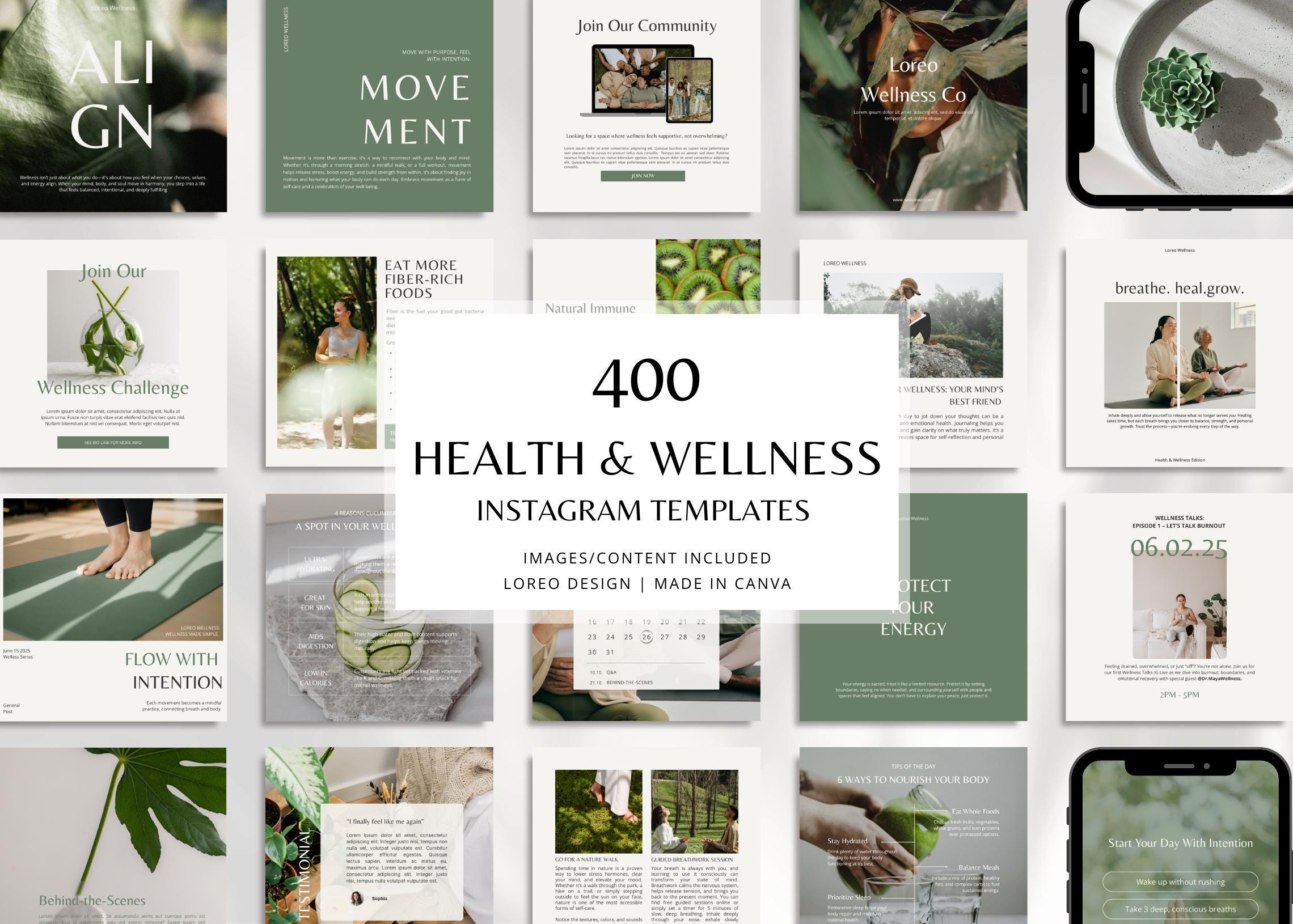400 Health & Wellness Instagram Canva Templates - Modern | Minimal | Self care - Content, Post, Stories, Reel Templates, Portrait Post