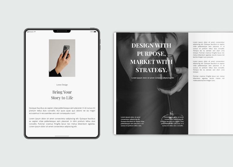 May include: A digital tablet and a magazine are displayed. The tablet shows a hand holding a phone, with the text "Bring Your Story to Life." The magazine features the text "DESIGN WITH PURPOSE. MARKET WITH STRATEGY."