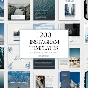 Puede incluir: Un collage de imágenes que muestran 1200 plantillas de Instagram, con una variedad de diseños y temas. El texto "1200 Instagram Templates" se muestra de forma prominente en el centro de la imagen, junto con las palabras "Oasis Bundle", "Made in Canva" y "Loreo Design".
