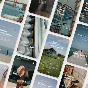 Puede incluir: Una colección de maquetas de pantallas de teléfonos móviles con varios fondos escénicos y superposiciones de texto. Las pantallas muestran frases como "Momentos que duran para siempre", "La paleta perfecta de la naturaleza" y "Trabajo en progreso", con imágenes de paisajes y paisajes urbanos.