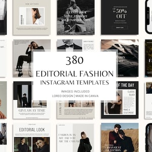 May include: A collage of 380 Instagram templates for fashion brands. The templates feature a variety of images, text, and design elements. The text includes phrases like "Spring Fashion", "Editorial Look", and "Latest Fashion Trend".