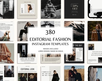 May include: A collage of 380 Instagram templates for fashion brands. The templates feature a variety of images, text, and design elements. The text includes phrases like "Spring Fashion", "Editorial Look", and "Latest Fashion Trend".