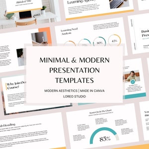 Puede incluir: Un collage de diapositivas para una plantilla de presentación con una estética minimalista y moderna. Las diapositivas presentan una variedad de diseños, incluyendo texto, gráficos e imágenes. Las diapositivas están diseñadas para ser utilizadas en Canva. El texto en las diapositivas dice "Plantillas de presentación minimalistas y modernas", "Estética moderna | Hecho en Canva" y "Loreo Studio".
