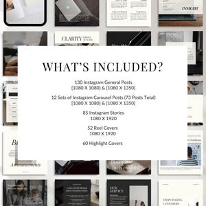 May include: A digital product display with a white background, featuring various Instagram post templates. The central text reads "WHAT'S INCLUDED?" listing 130 general posts, 12 carousel sets, 85 stories, 52 reel covers, and 60 highlight covers.