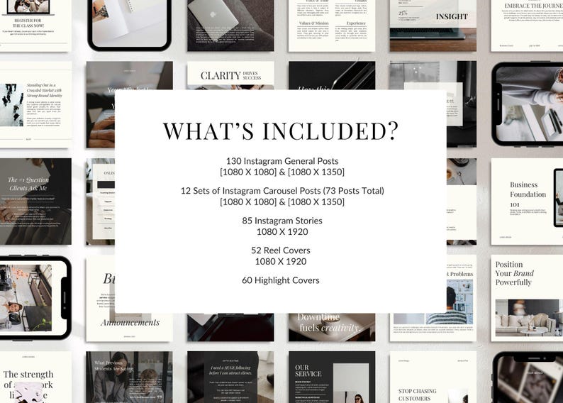 May include: A digital product display with a white background, featuring various Instagram post templates. The central text reads "WHAT'S INCLUDED?" listing 130 general posts, 12 carousel sets, 85 stories, 52 reel covers, and 60 highlight covers.
