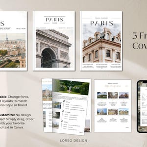 May include: Five printable covers for a Paris travel itinerary. The covers feature images of the Eiffel Tower, the Arc de Triomphe, and a Parisian building. The text "PARIS TRAVEL ITINERARY" is on the cover with the Eiffel Tower.
