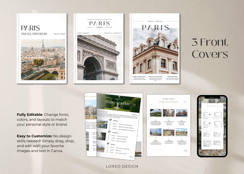May include: Five printable covers for a Paris travel itinerary. The covers feature images of the Eiffel Tower, the Arc de Triomphe, and a Parisian building. The text "PARIS TRAVEL ITINERARY" is on the cover with the Eiffel Tower.