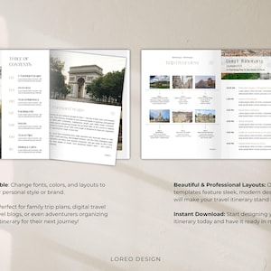 May include: A printable travel itinerary template with a table of contents, trip overview, and a daily itinerary. The template features a modern design with a neutral color palette and images of Paris.