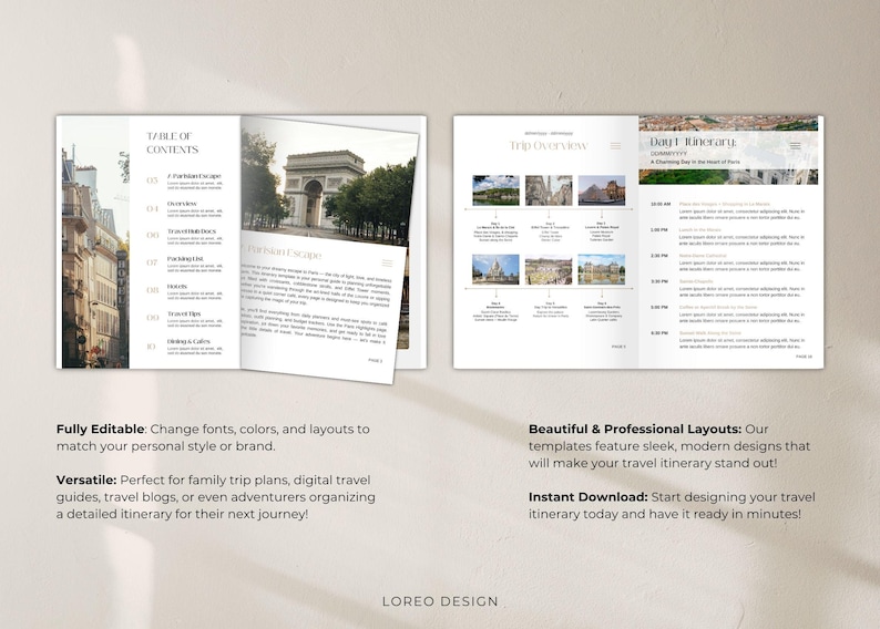 May include: A printable travel itinerary template with a table of contents, trip overview, and a daily itinerary. The template features a modern design with a neutral color palette and images of Paris.