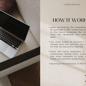 May include: A laptop computer on a white couch with a brown pillow. The text "LOREO DESIGN" and "HOW IT WORKS" is visible on the right side of the image. The text describes how to use Canva templates.