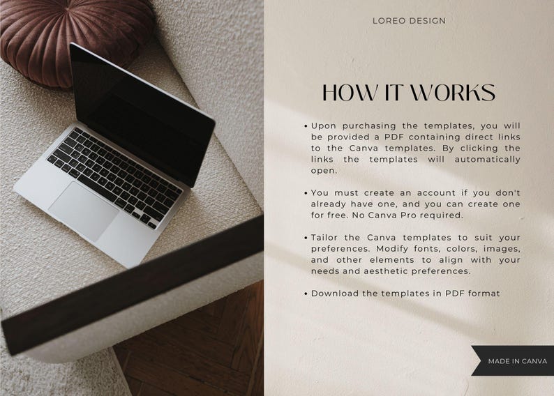 May include: A laptop computer on a white couch with a brown pillow. The text "LOREO DESIGN" and "HOW IT WORKS" is visible on the right side of the image. The text describes how to use Canva templates.
