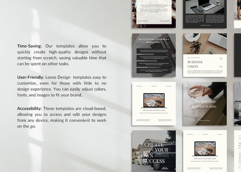 May include: A collection of digital design templates with text that reads "Time-Saving", "User-Friendly", and "Accessibility". The templates are displayed on a white background with images of laptops, glasses, and cars.