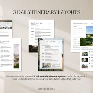 May include: Six different printable daily itinerary layouts with a Parisian theme. Each layout features a different design and includes space for time, activities, and notes.