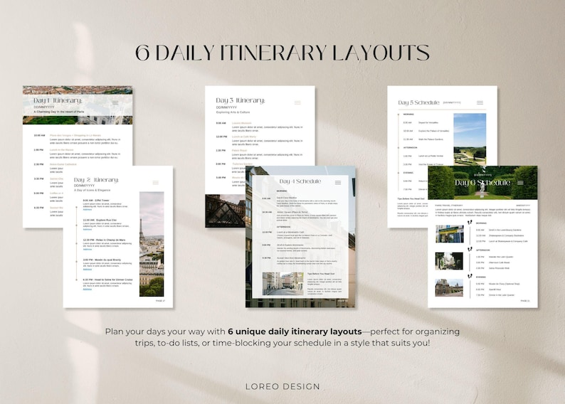 May include: Six different printable daily itinerary layouts with a Parisian theme. Each layout features a different design and includes space for time, activities, and notes.