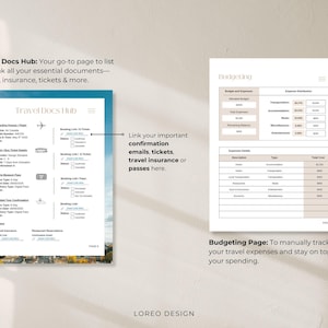 May include: A printable travel planner with two pages. The first page is titled "Travel Docs Hub" and has a list of travel documents to track. The second page is titled "Budgeting Page" and has a table to track travel expenses.