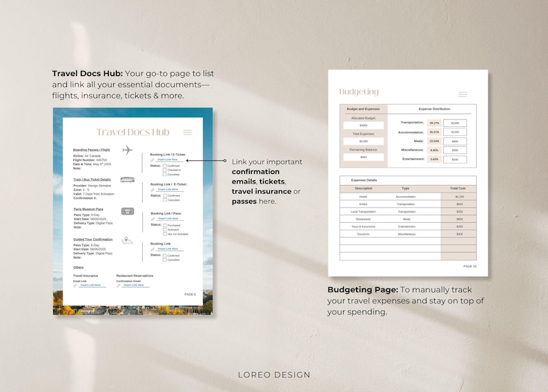 May include: A printable travel planner with two pages. The first page is titled "Travel Docs Hub" and has a list of travel documents to track. The second page is titled "Budgeting Page" and has a table to track travel expenses.