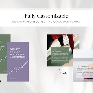 May include: Image featuring wellness-themed graphics. Two cards display the text "Wellness is a daily practice, not a destination." Additional cards show the text "Did You Know?" The image promotes customization, with the text "Fully Customizable" and "No Canva Pro Required | No Canva Watermarks."