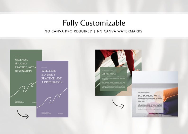 May include: Image featuring wellness-themed graphics. Two cards display the text "Wellness is a daily practice, not a destination." Additional cards show the text "Did You Know?" The image promotes customization, with the text "Fully Customizable" and "No Canva Pro Required | No Canva Watermarks."