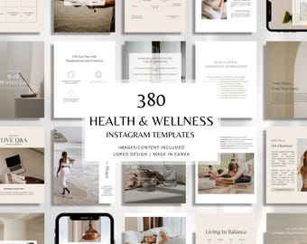 380 Health & Wellness Instagram Canva Templates - Modern | Minimal | Self care - Content, Post, Stories, Reel Templates, Portrait Post