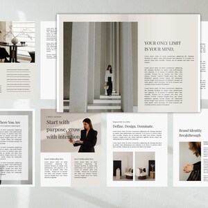 May include: A collection of design layouts with text and images. The layouts feature text such as "Your Only Limit Is Your Mind" and "Start with purpose, grow with intention." The color palette is neutral with shades of white, gray, and black.