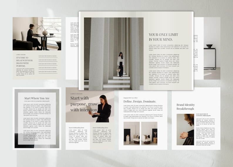 May include: A collection of design layouts with text and images. The layouts feature text such as "Your Only Limit Is Your Mind" and "Start with purpose, grow with intention." The color palette is neutral with shades of white, gray, and black.