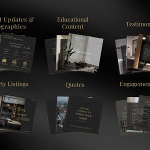 Peut inclure: Une collection de supports marketing sombres, comprenant des infographies, du contenu &eacute;ducatif, des t&eacute;moignages, des annonces immobili&egrave;res, des citations et des publications d'engagement. Chaque &eacute;l&eacute;ment pr&eacute;sente du texte dor&eacute; sur fond noir.